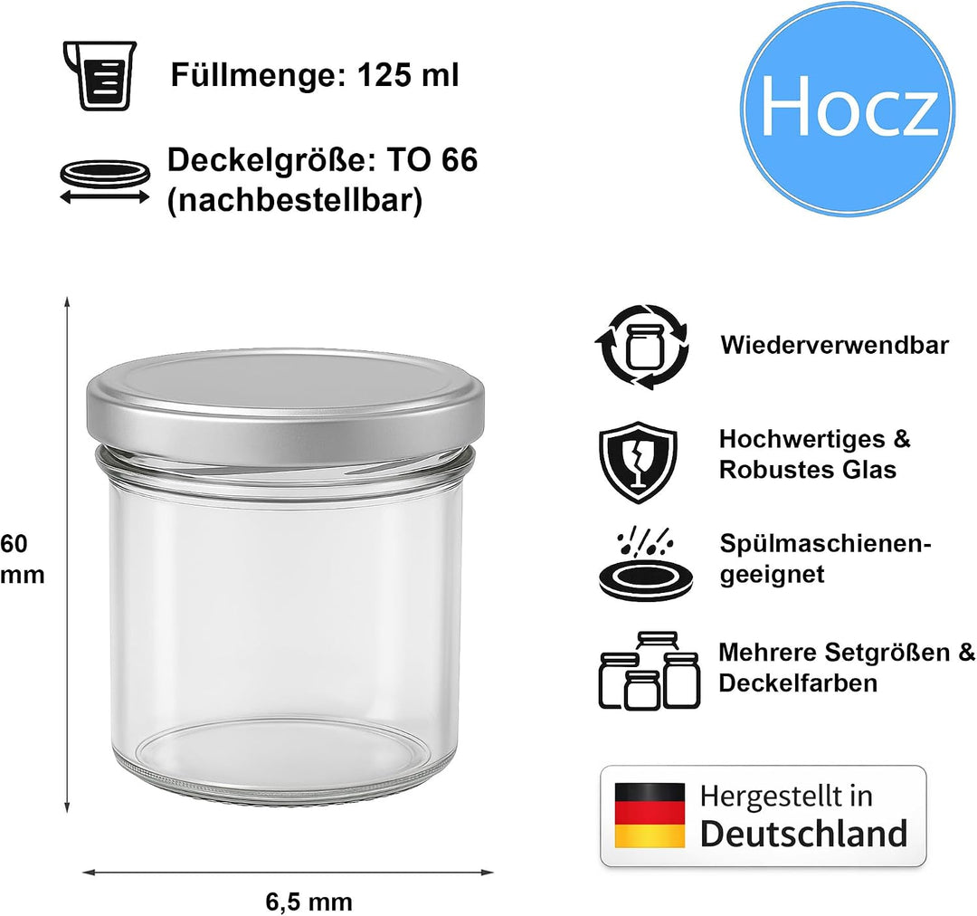 hocz 50x Marmeladengläser 125 ml | mit Deckel Silber TO 66 | Einmachgläser mit Schraubdeckel zum bef