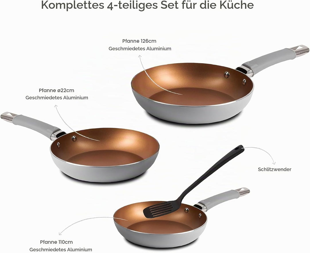 BERGNER Loja Reeco - 4-Piece Set - 3 Frying Pans 18-22 and 26 cm Induction Cookware + 1 Forged Alumi