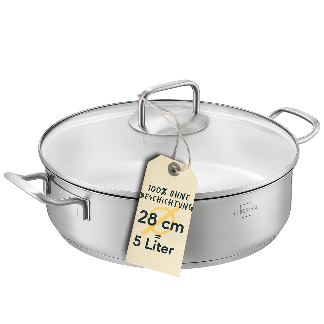 SILBERTHAL Schmorpfanne Unbeschichtet 28 cm hoher Rand - Servierpfanne mit Deckel - Backofengeeignet
