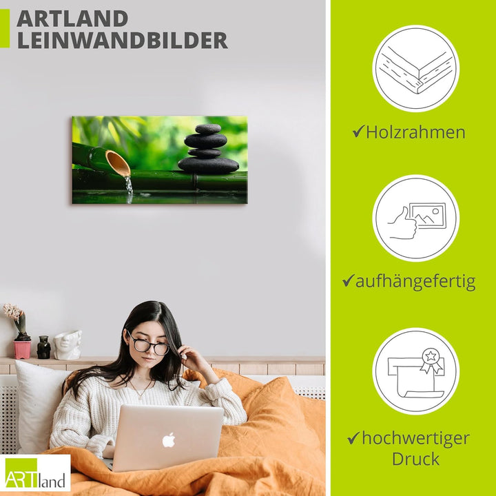ARTland Leinwandbilder Wandbild Bild auf Leinwand 100x50 cm Wellness Zen Stein Fotografie Grün Bambu