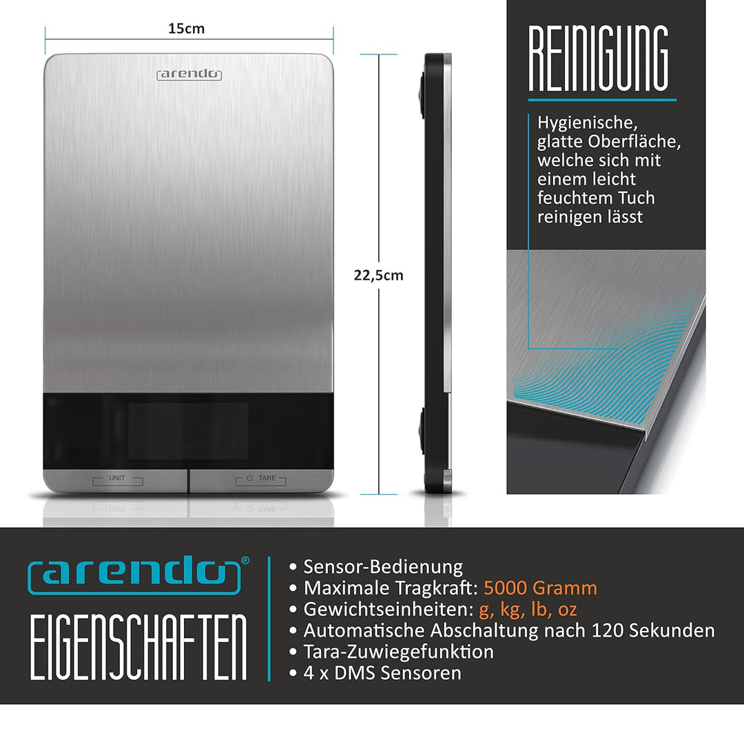 Arendo - Edelstahl Küchenwaage digital - Digitalwaage - maximale Tragkraft 5000 g - Tara Wiegefunkti