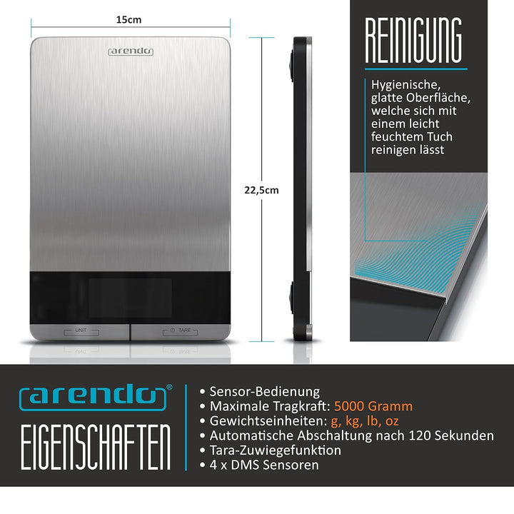 Arendo - Edelstahl Küchenwaage digital - Digitalwaage - maximale Tragkraft 5000 g - Tara Wiegefunkti