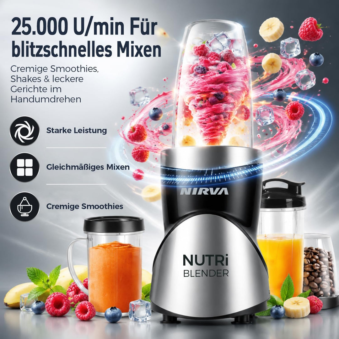 Nirva 4 in 1 Mini Mixer, Smoothie Maker mit 4 Tragbare, Mixbechern Zweiblatt und Vierblatt Edelstahl