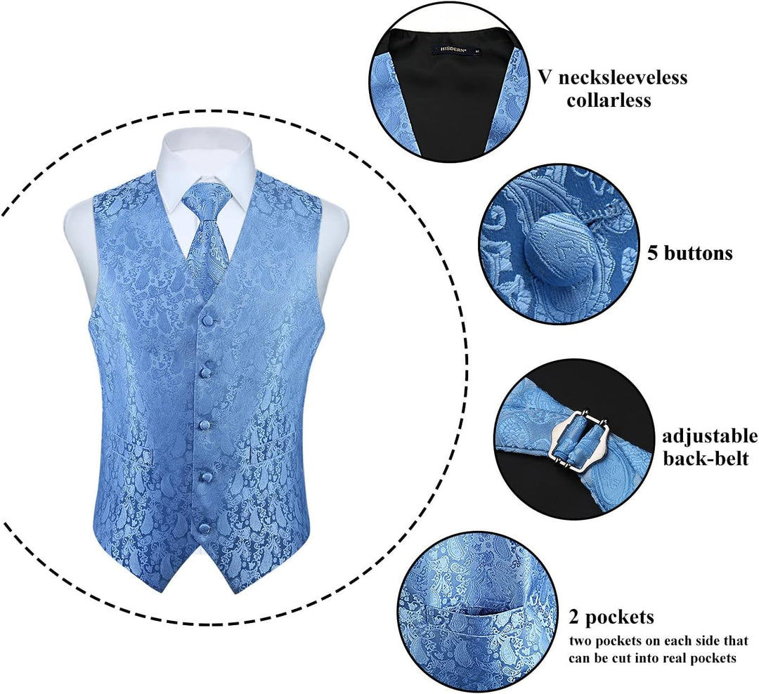 HISDERN Herren Weste Paisley Floral Jacquard Krawatte Einstecktuch Taschentuch Weste Anzug Set XL He