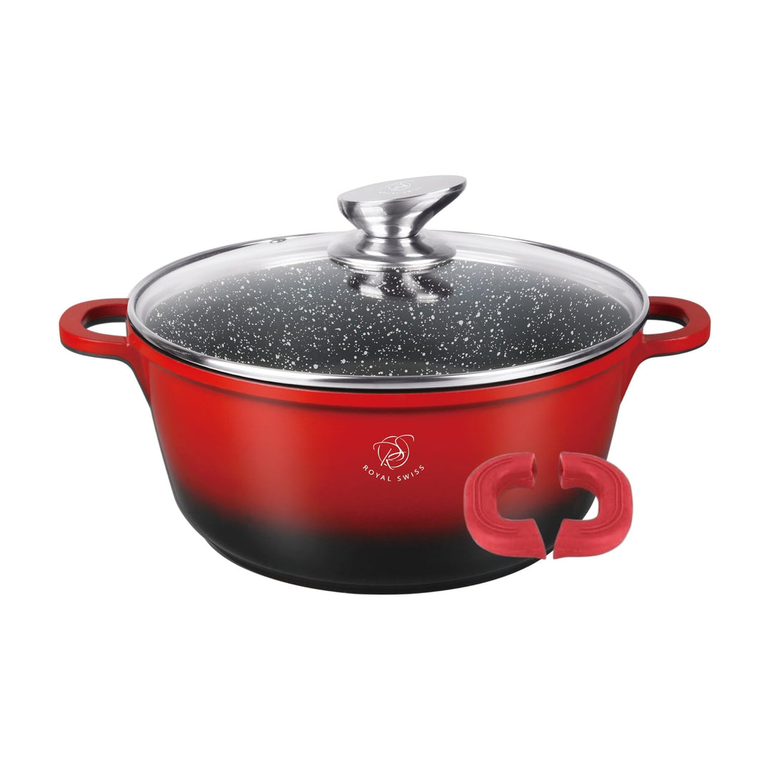 Royal Swiss Kochtopf, schwarz & rot, 2l, Marmorbeschichtung, Glasdeckel, geeignet für Induktion & Of