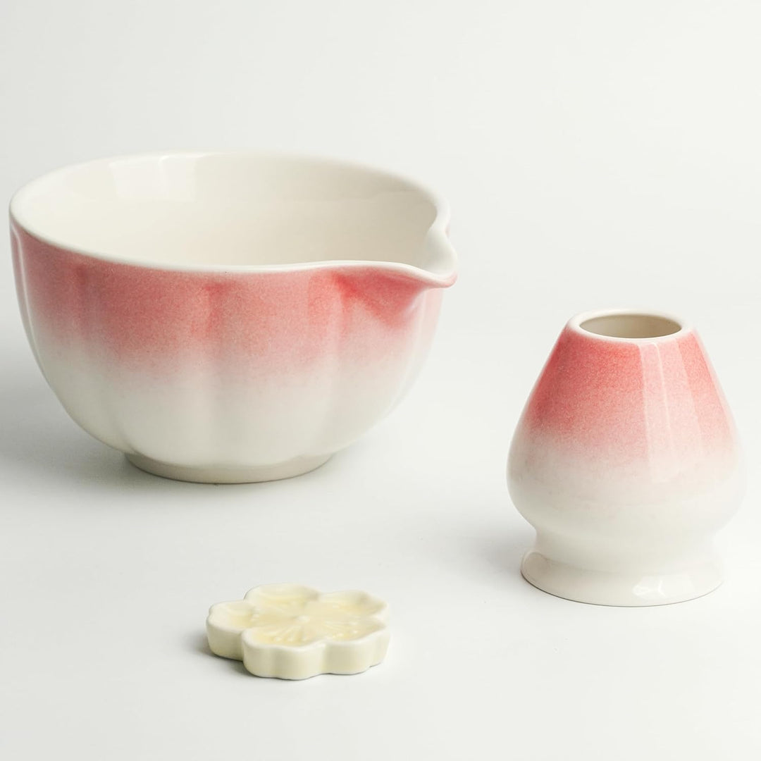 Premium Matcha Set 7-teilig – Exklusives Teezeremonie-Set mit Bambus-Chasen (Besen),Rosa Keramik-Sch
