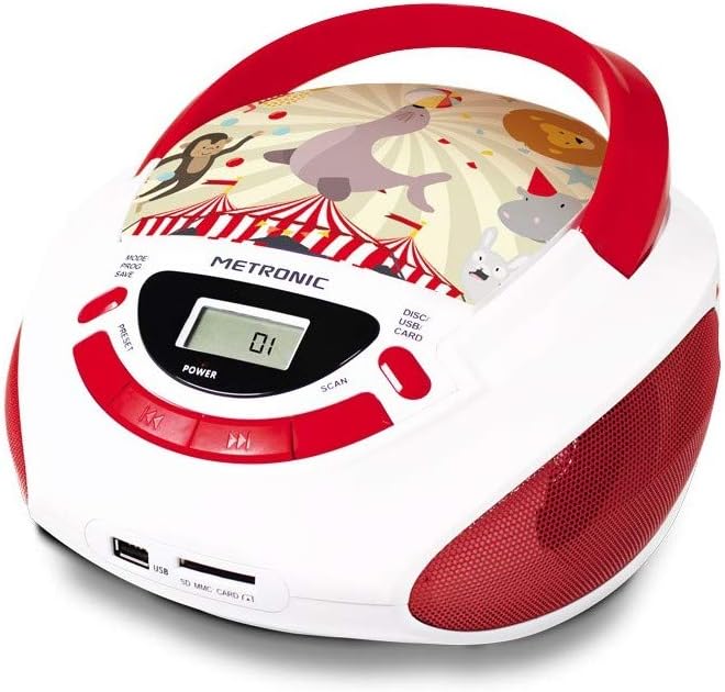 Metronic 477145 CD-Player für Kinder, Zirkus, mit USB-/AUX-IN-Port Rot/Weiss, Rot/Weiss