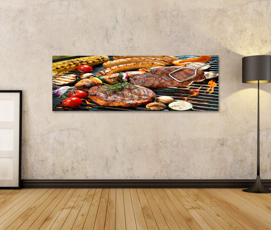 islandburner Bild auf Leinwand Grill Fleisch Wurst Gemüse Grillzange Bilder Wandbilder Poster 120L x