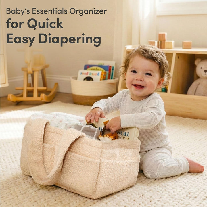 PUTSKA Fleece Nappy Caddy Organiser – Soft Teddy Fabric Baby Caddy with Handles, Portable Nursery St