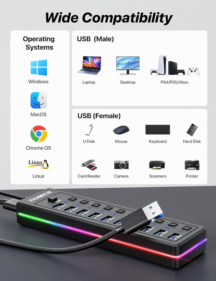 Powered USB Hub, 10-Port USB 3.0 Hub mit RGB LED Strip -5Gbps Datenübertragung, individuelle LED On/