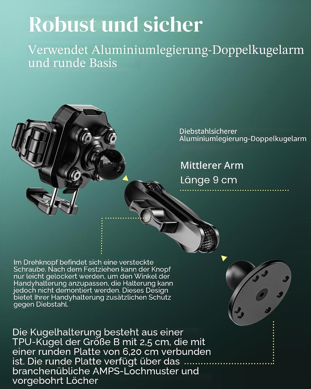 BRCOVAN Handyhalterung mit Vibrationsdämpfer [1s Lock] mit runder Aluminiumbasis und mittellangem Ar