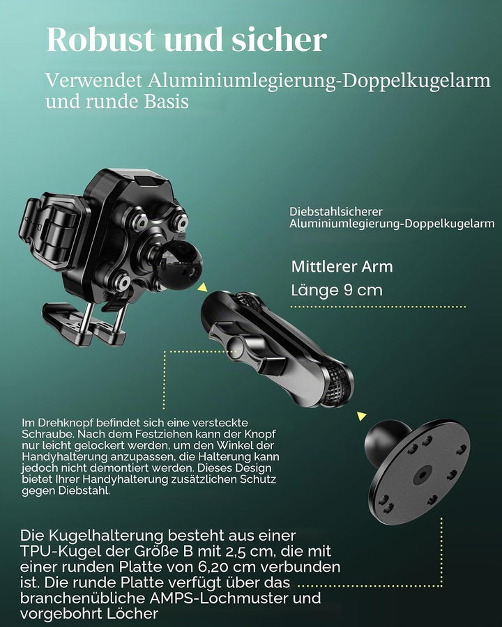BRCOVAN Handyhalterung mit Vibrationsdämpfer [1s Lock] mit runder Aluminiumbasis und mittellangem Ar