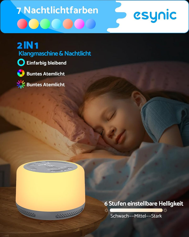 eSynic White Noise Machine Baby Weisses Rauschen Einschlafhilfe LED Nachtlicht Stilllicht mit 30 Klä