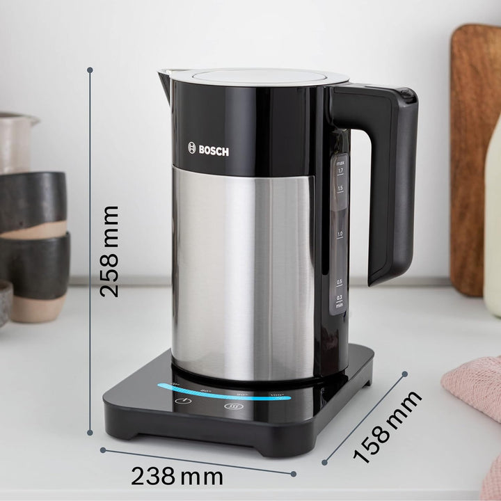 Bosch kabelloser Wasserkocher TWK7203, Abschaltautomatik, Überhitzungsschutz, 7 Temperatureinstellun
