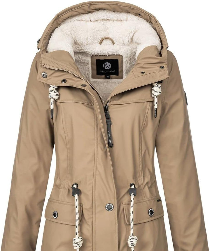 NEW VIEW Damen Regenjacke wasserabweisender Parka Annika Long mit Kapuze XXL beige (peanut beige - T