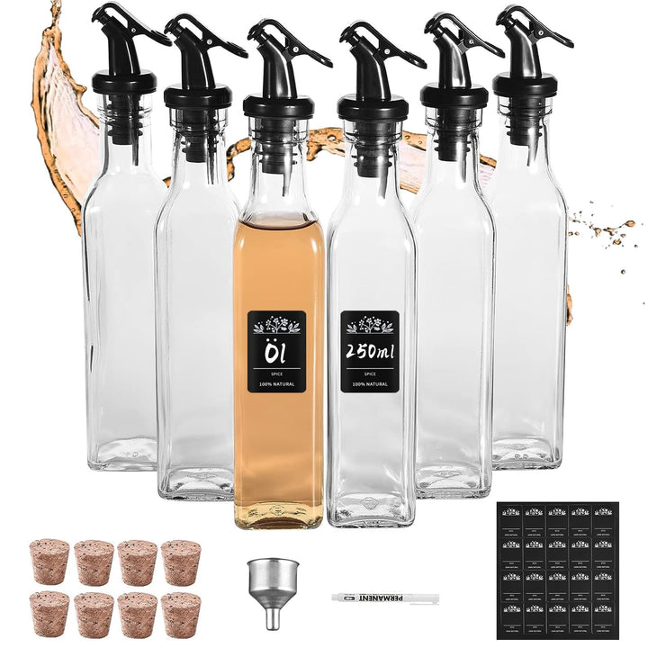 Ölflasche,Ölspender mit Trichter 6 x 250 ml, Ölflasche aus Dickem Glas ohne Blei, Essig und Ölflasch