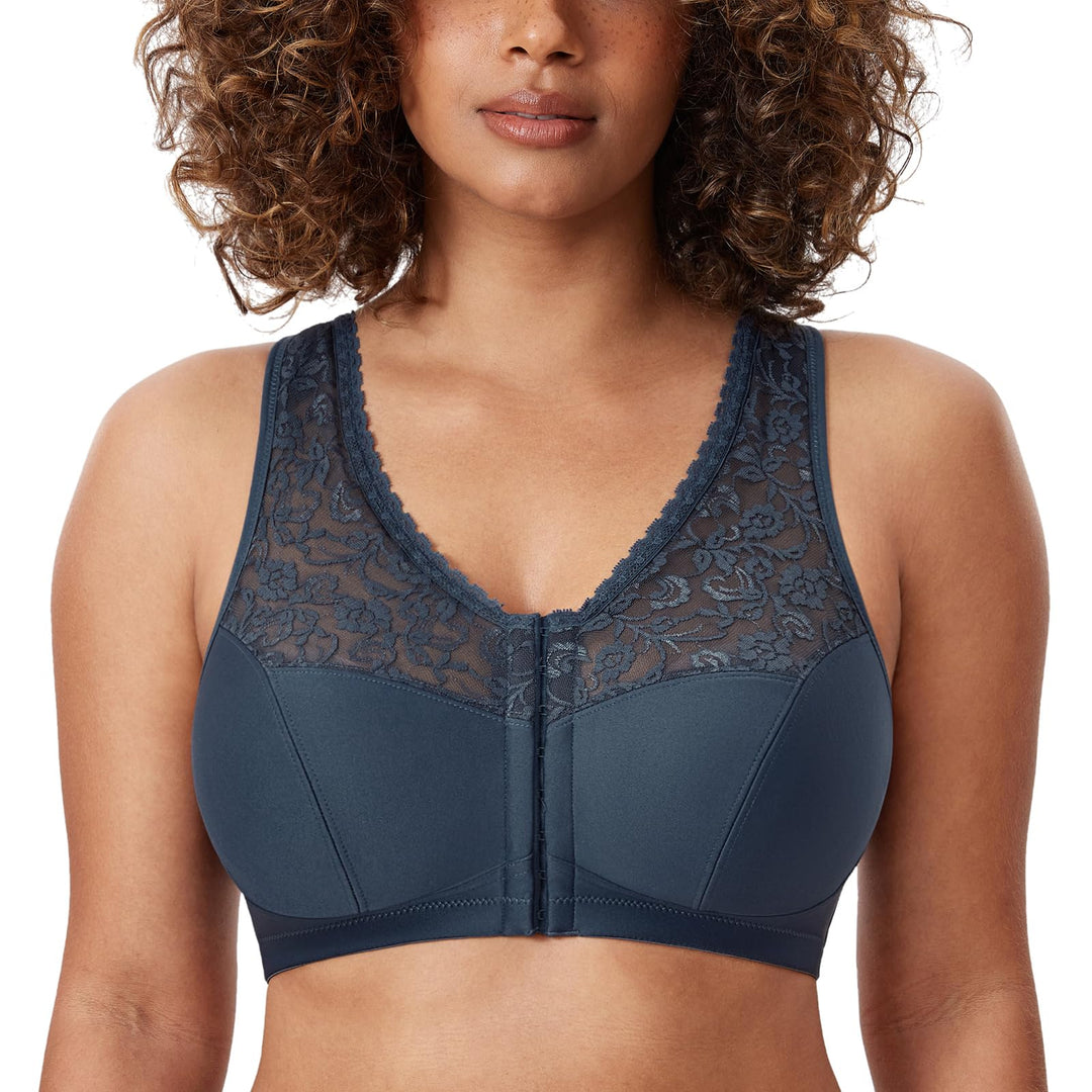 DELIMIRA Damen BH mit Vorderverschluss ohne Bügel Grosse Grössen Spitzen BH 80B Sargasso, 80B Sargas