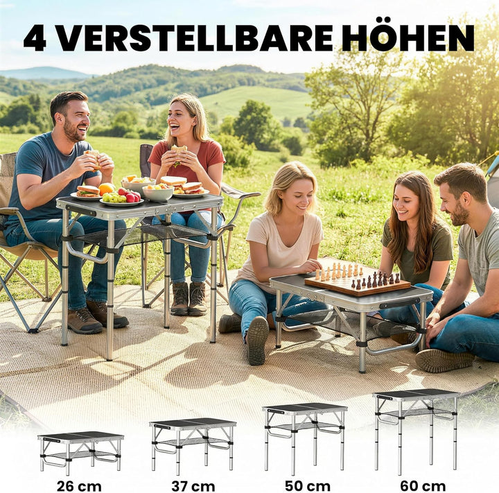 Outsunny Campingtisch Klapptisch mit Netzfach, 4 Höhenverstellungen, Tragegriff Gartentisch aus Alum