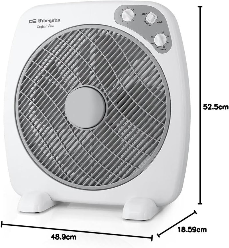 Orbegozo BF 0140 - Ventilator Box Fan mit 3 Geschwindigkeiten, Drehfunktion, Timer, Blattgrösse von