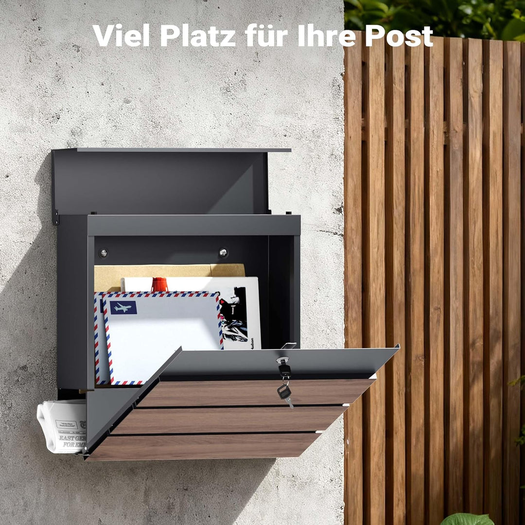 Toboli Briefkasten V63 Anthrazit und Holzdesign 410 x 130 x 370 mm, Wandbriefkasten mit Schloss, Sof