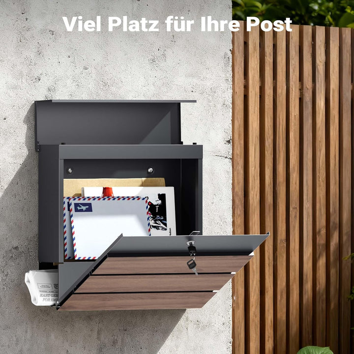 Toboli Briefkasten V63 Anthrazit und Holzdesign 410 x 130 x 370 mm, Wandbriefkasten mit Schloss, Sof