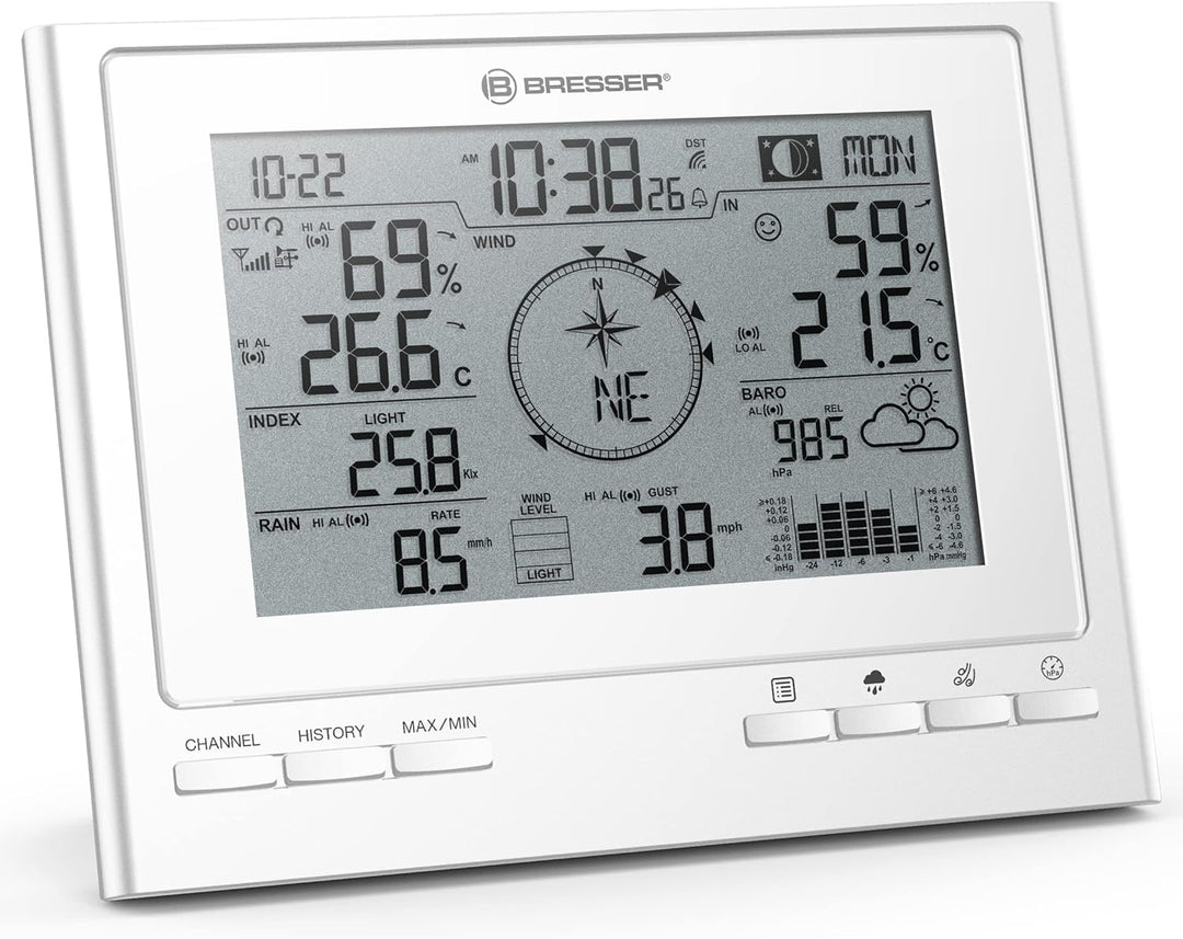 Bresser Wetterstation Funk mit Aussensensor 7-in-1 Wetter-Center ClimateScout mit Profi-Aussensensor