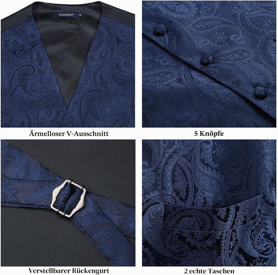 HISDERN Herren FLoral Hochzeit Weste Krawatte Einstecktuch Taschentuch Jacquard Weste Anzug Set S Ma