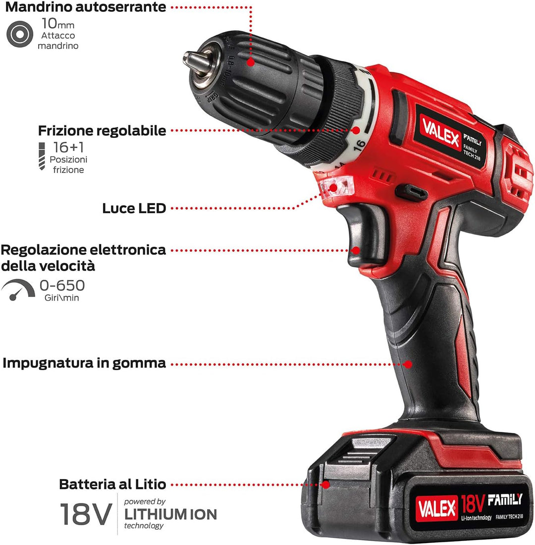 Valex 1429387 Akku-Bohrschrauber 18 V FAMILY-TECH 218 im Koffer, 0-650 U/min, 2 Batterien enthalten,