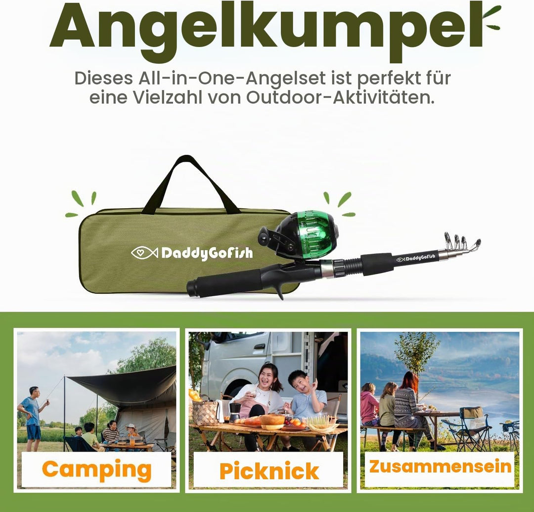 DaddyGoFish Kinder Angelset - Teleskoprute &amp; Rolle Combo mit Klappstuhl, Rutenhalter, Tackle Box, Kö