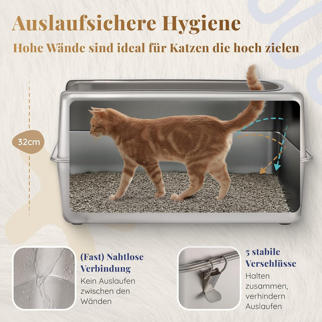 Katzenklo Edelstahl XXL – Leicht zu Reinigen, Geruchsresistent – Katzentoilette Edelstahl mit hohem