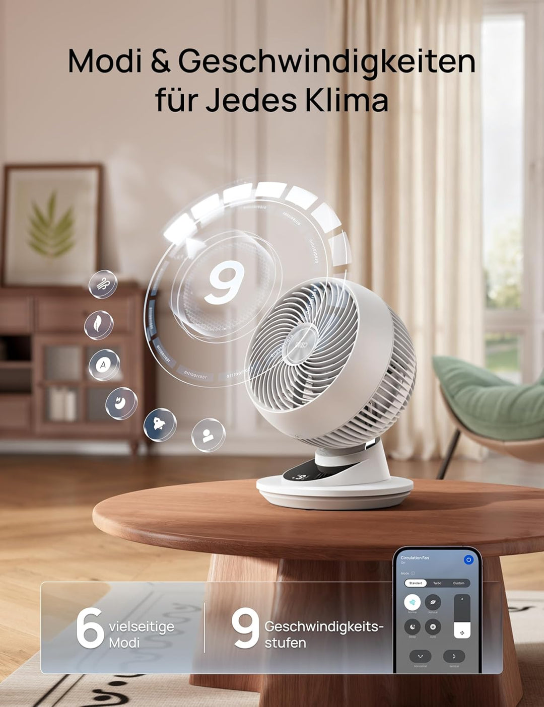 DREO 3D-Luftstrom Tischventilator – Leistungsstark mit 8,8 m/s, 22 dB leise, 90° schwenkbar, Smart A