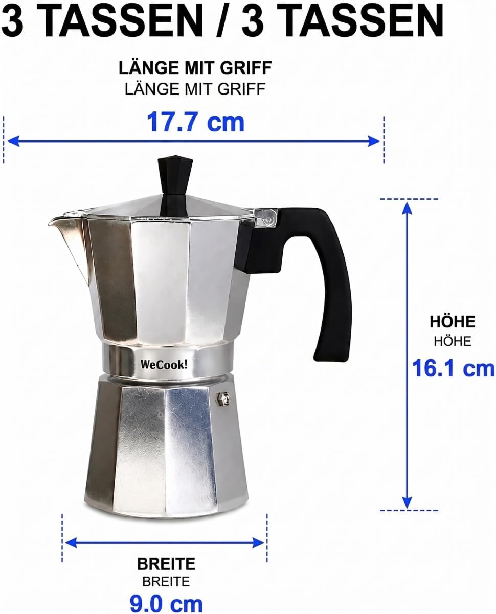 WECOOK! Paola – Espressokocher Aluminium 3 Tassen | Geeignet für Gas-, Elektro- und Glaskeramikherde