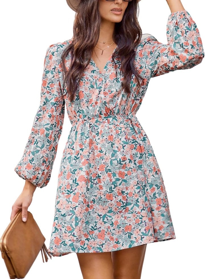 CUPSHE Damen Kleid V Ausschnitt Langarm Wickeloptik Blümchenkleid Freizeitkleider Wrap Mini Dress XL