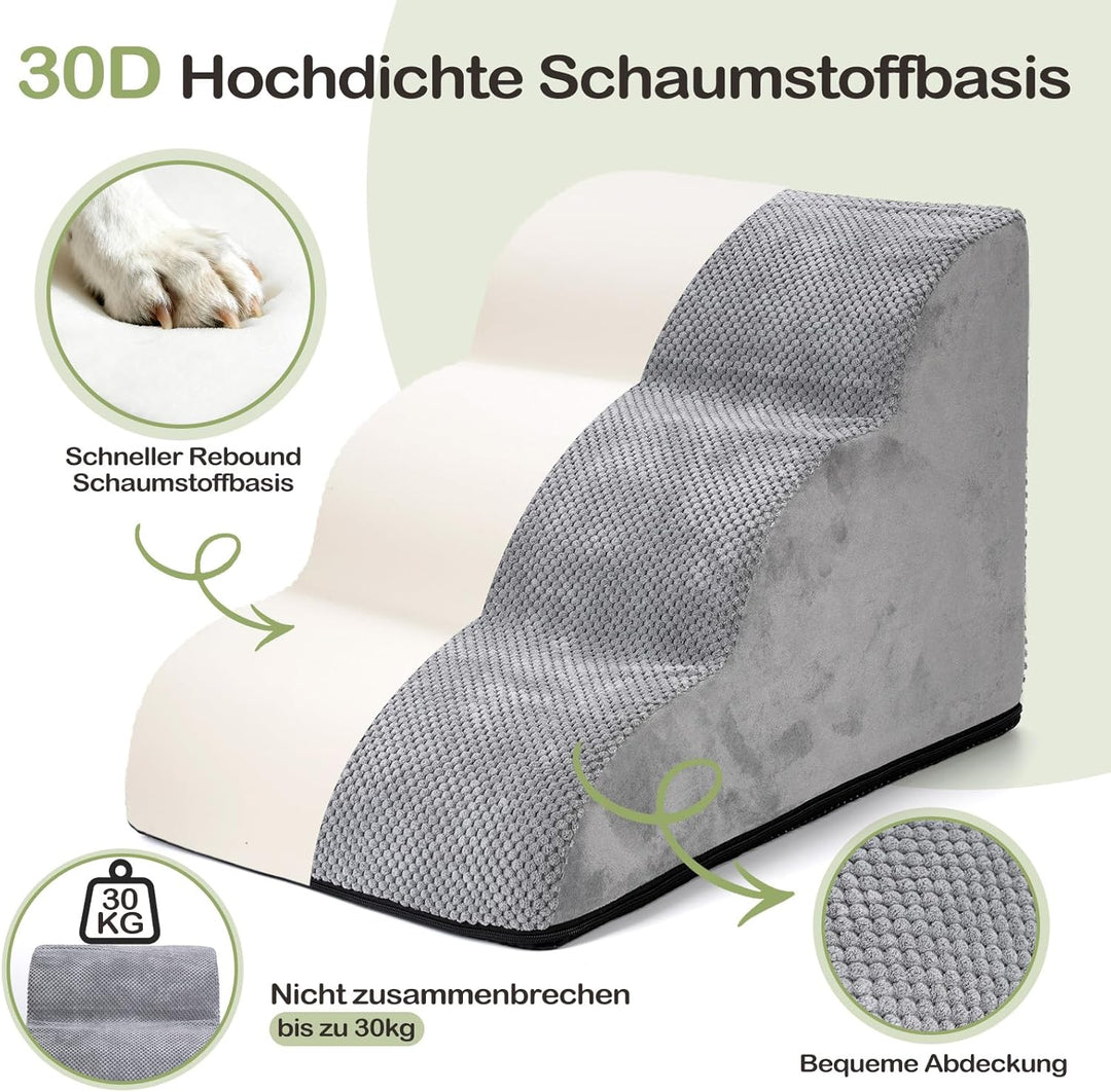Hundetreppe für Kleine Hunde, 3 Stufen 40cm hoch Haustiertreppe für Couch aus Hochdichtem Schwamm, f