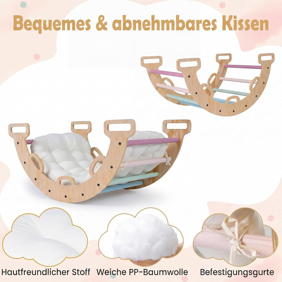 COSTWAY Kletterbogen Holz mit Kissen, Montessori Kletterwippe, Kletterdreieck zum Wippen, Klettern u