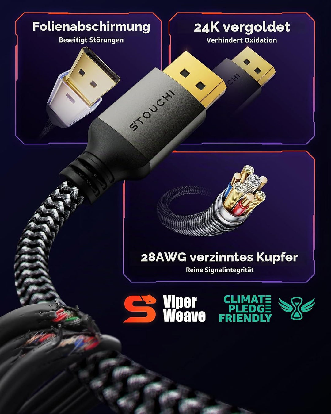 Stouchi DisplayPort Kabel 2.1 0.5M | VESA Zertifiziert | 80 Gbit/s [16K@60Hz | 8K@240Hz | 4K@540Hz]