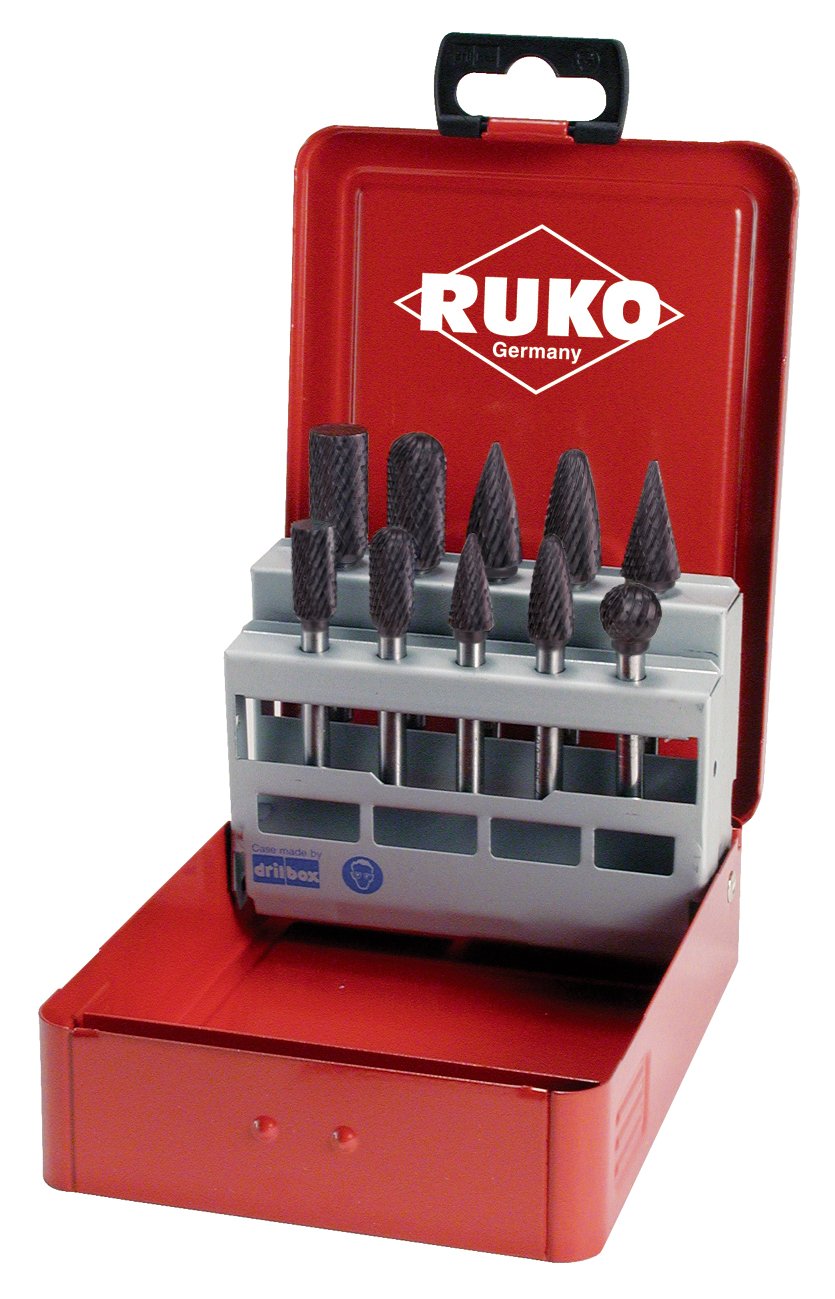 Ruko 116003TC Kleinfrässtiftesatz Schaft-D.10/12mm 10tlg.HM TiCN Verz.Kreuz Metallkassette