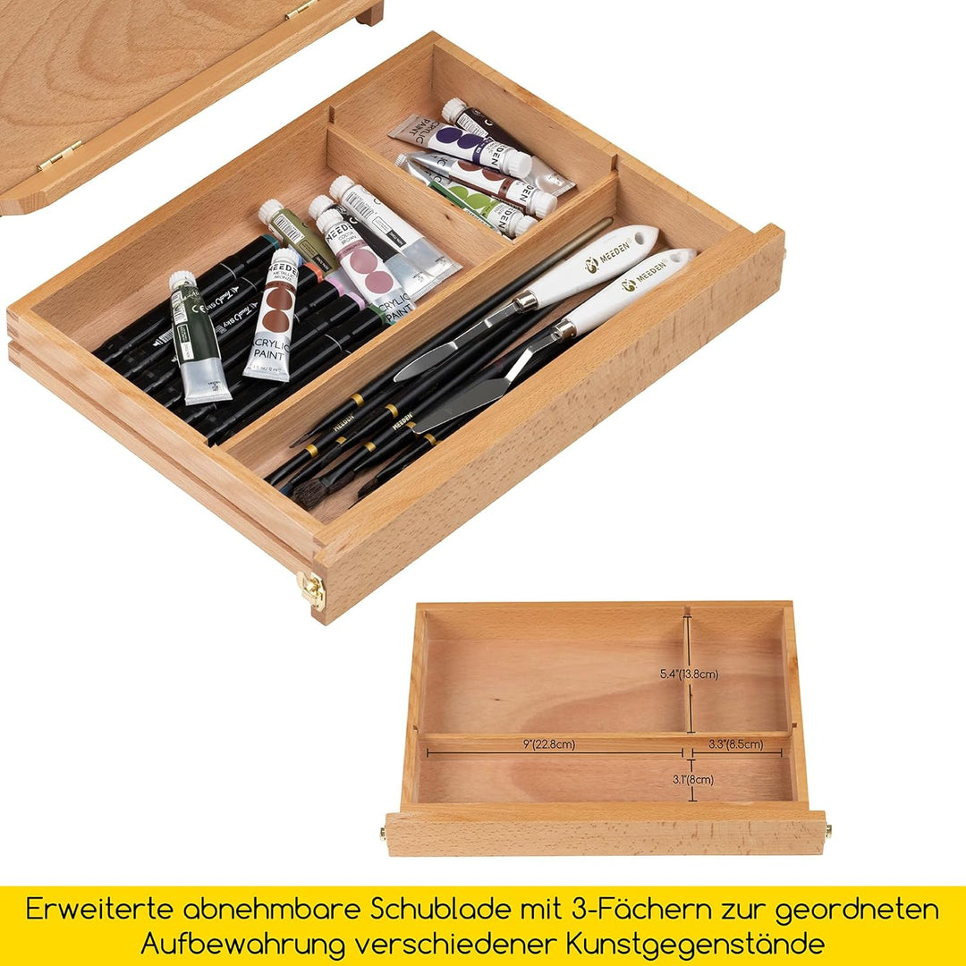 MEEDEN Tischstaffelei Box aus Holz, Portable Sketchbox aus Buchenholz mit Aufbewahrung, Verstellbare