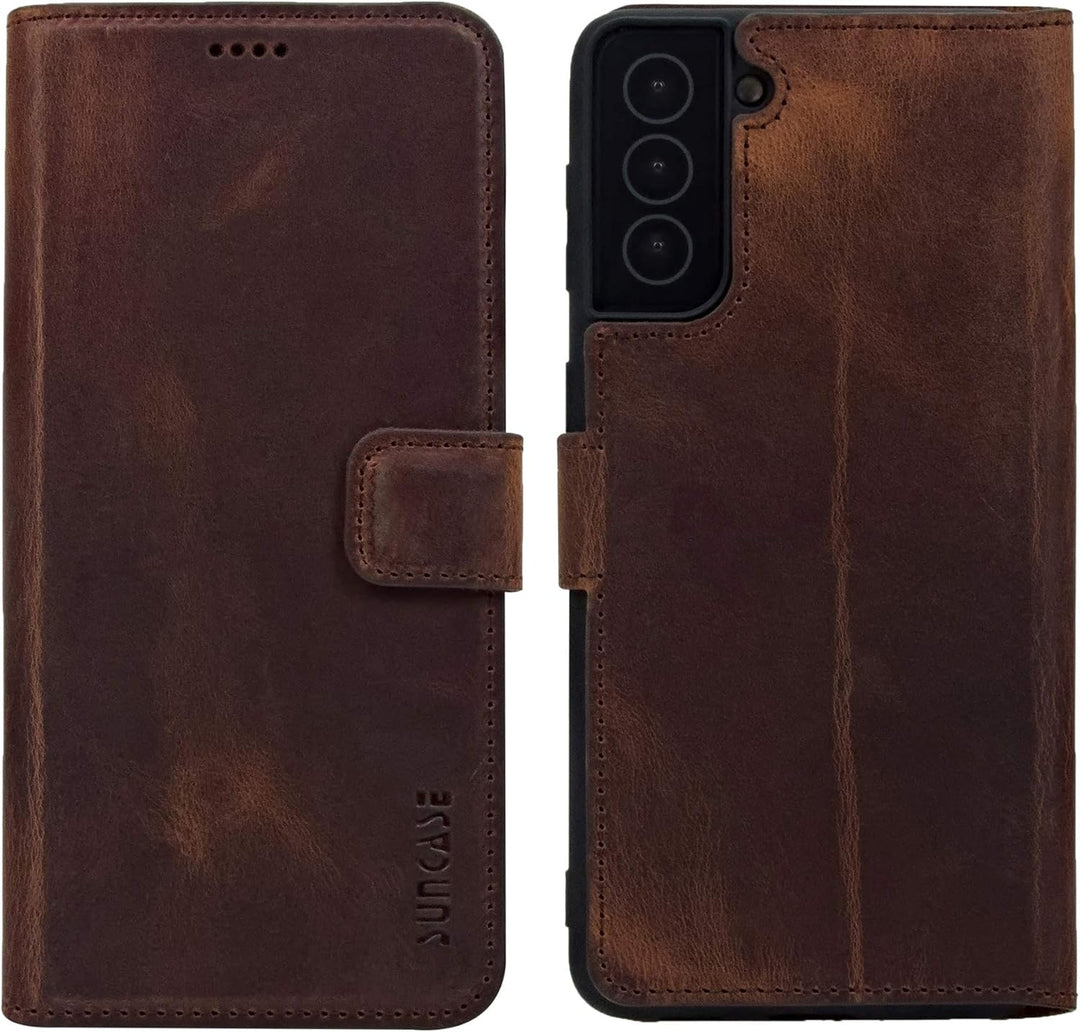 Suncase Book-Style Hülle kompatibel mit Samsung Galaxy S22 5G Leder Tasche (Slim-Fit) Lederhülle Han