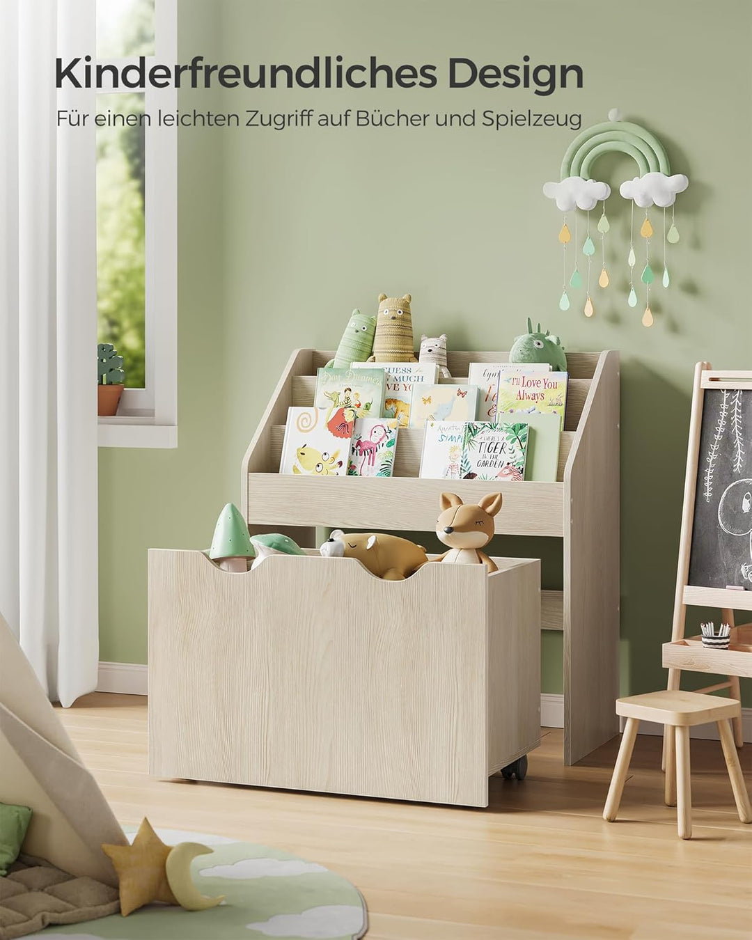 SONGMICS Bücherregal Kinder, Kinderregal, Spielzeugregal, mit 3 Regalebenen, Aufbewahrungsbox auf Ro