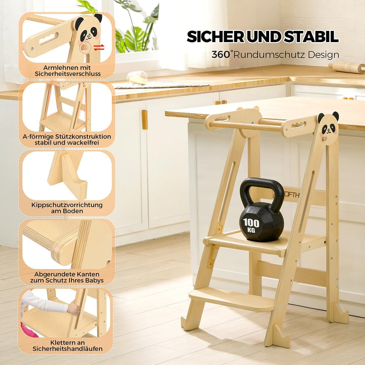Montessori Lernturm Klappbar, Lernturm ab 1 Jahr für Kinder mit Sicherheitshandlauf, Kippschutz, Höh