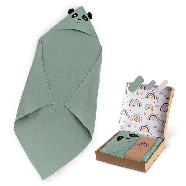 Räuberella® Panda-Kapuzenhandtuch Baby in Mint I 80x80cm I Musselin-Badetuch-Baby aus 100% Bio-Baumw