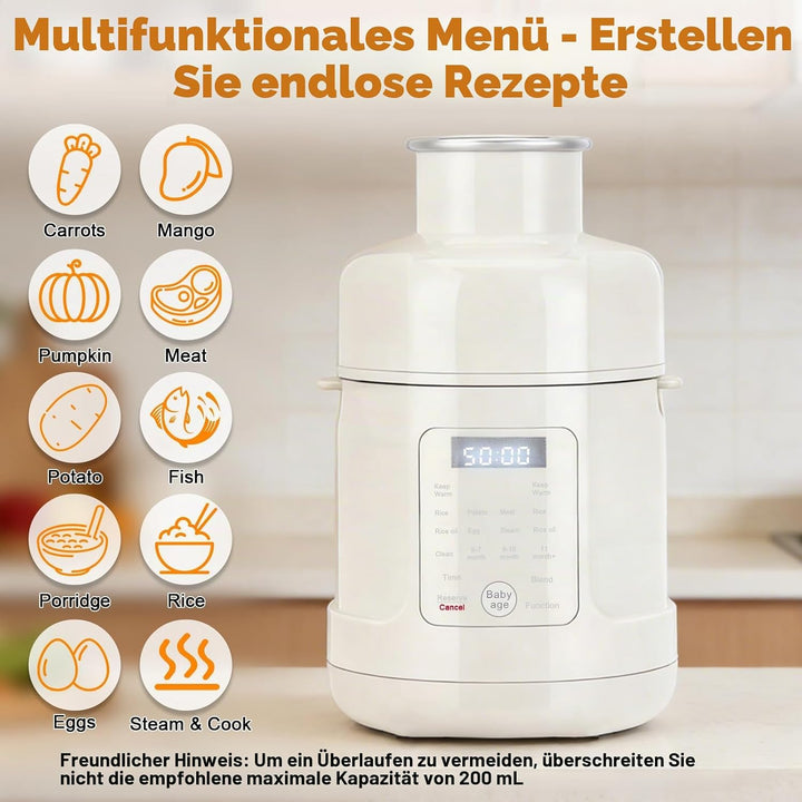 Babynahrungszubereiter 500 W – All-in-One-Gerät: Dampfgarer, Mixer, Wärmer &amp; Timer für alle Entwickl