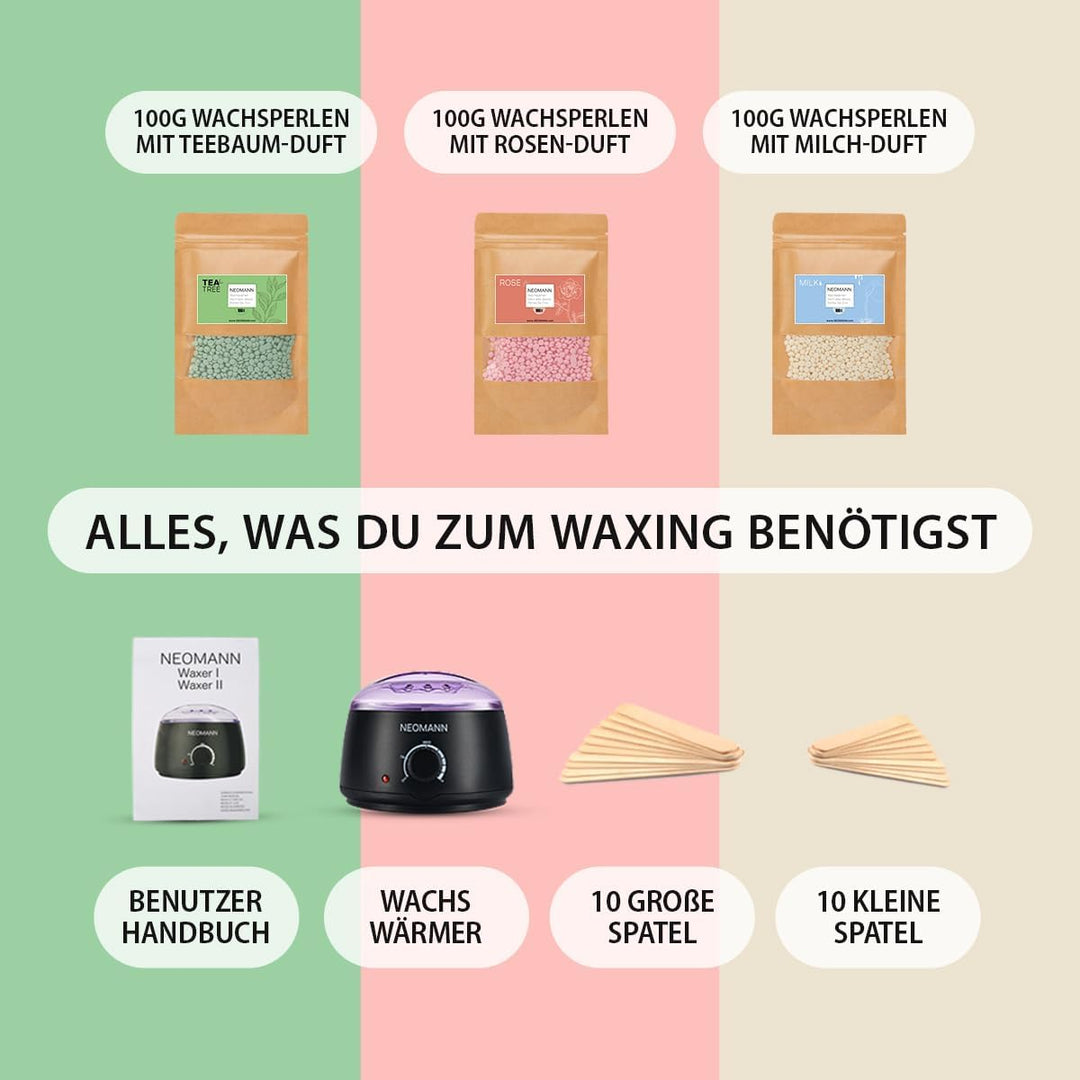 NEOMANN Waxer II Waxing Kit, Haarentfernungs-Wachswärmer mit elektrischem Heiztopf | Profi-Set mit 3
