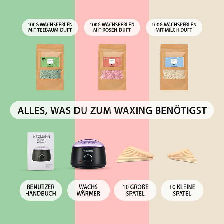NEOMANN Waxer II Waxing Kit, Haarentfernungs-Wachswärmer mit elektrischem Heiztopf | Profi-Set mit 3