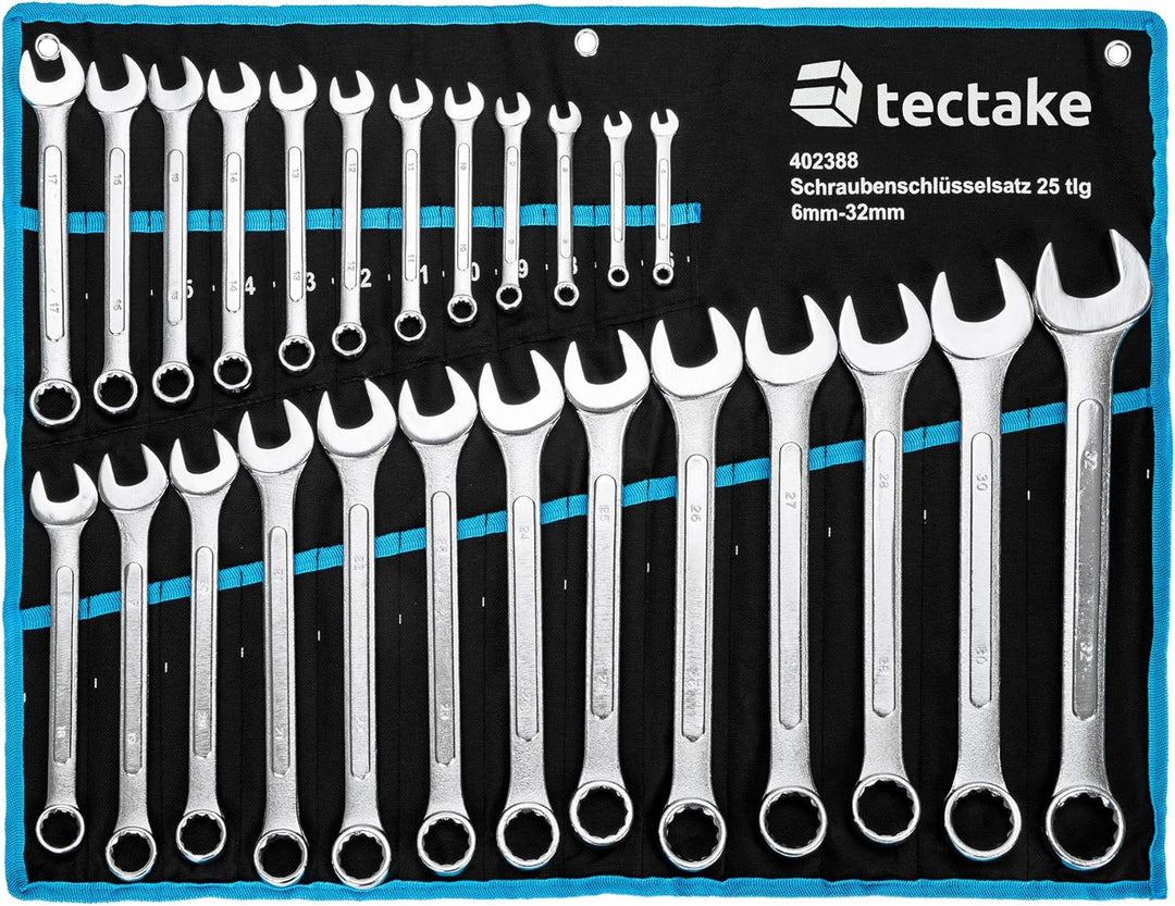 TecTake Maulringschlüssel Satz 6-32 mm 25-teilig mit Tetron Rollstasche - Diverse Farben - (Blau | N