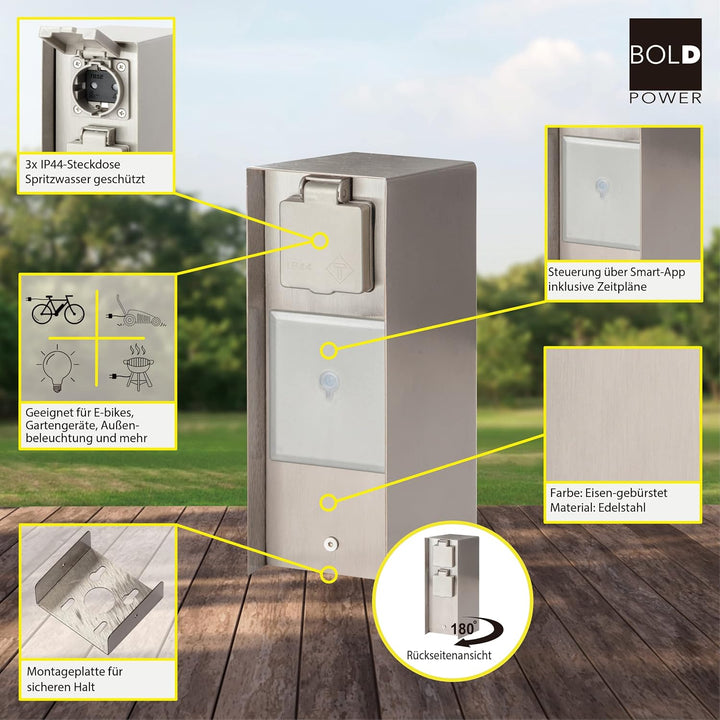 BOLD Orio smarte Aussen-Steckdose-Garten (Steckdosen-Säule) mit 3-Fach Stecker Edelstahl (Smart Home