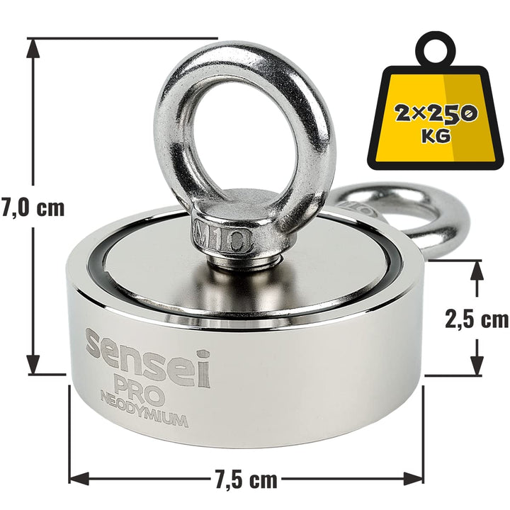 SENSEI Magnet 250 kg, Doppelseitiger Neodym-Magnet N52 mit 2 Ösen oben und seitlich, Ø7,5 x H2,5 cm,