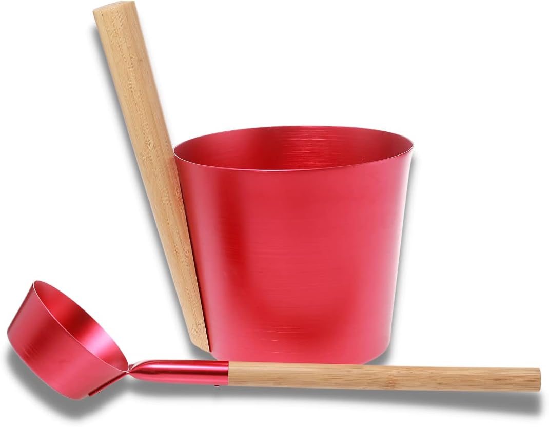 SULENO - Sauna Set ANEA Aufgusskübel 5 Liter Schöpfkelle Saunakübel Kübel Kelle (rot metallic)