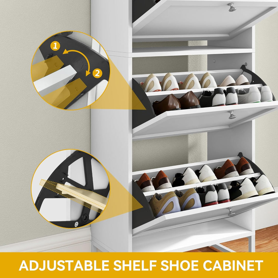 DWVO Schuhschrank Schmal mit 3 Klappen, 25x60x130cm, Schuhkipper Weiss, Schuhkommode Schuhregal mit